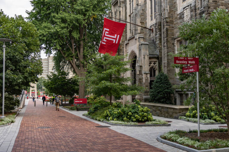 A brick walkway and stone building with a Temple logo flag flying.