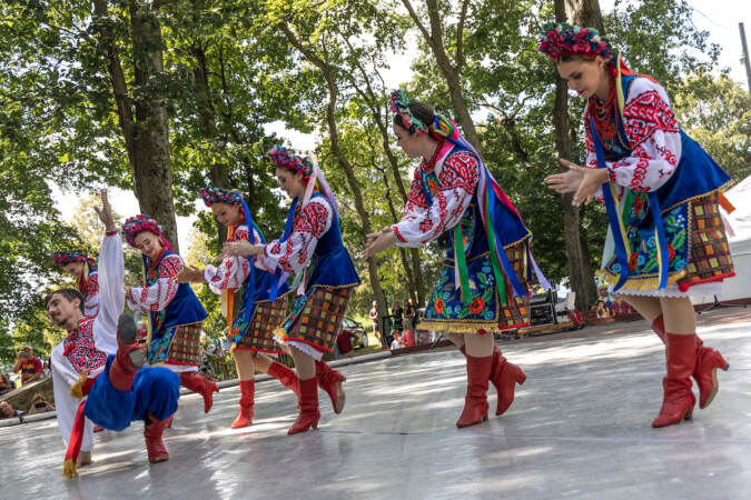 The Voloshlky Dance ensemble performed at the Ukrainian Folk Festival celebrating 32 years of Ukrainian Independence in Horsham, Pa., on August 27, 2023. (Kimberly Paynter/WHYY)