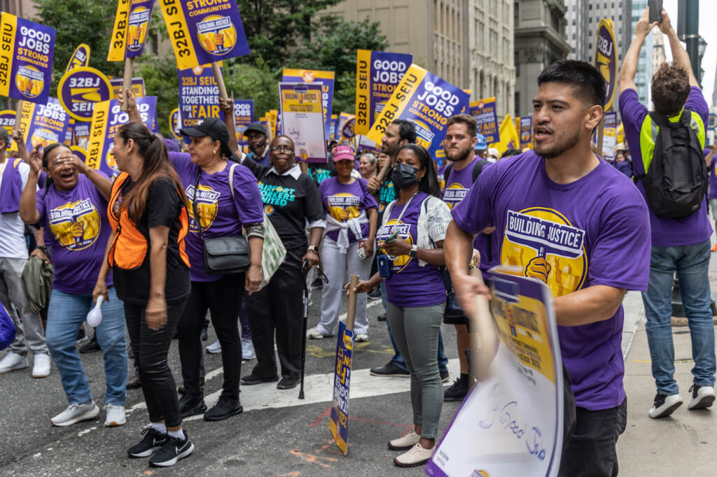 Union members and supporters marching in the street