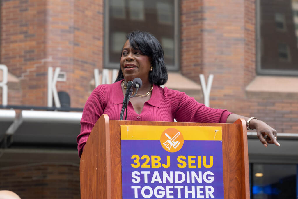 08 29 2023 k paynter cherelle parker 32BJ SEIU rally-3 Cherelle Parker speaking at a podium