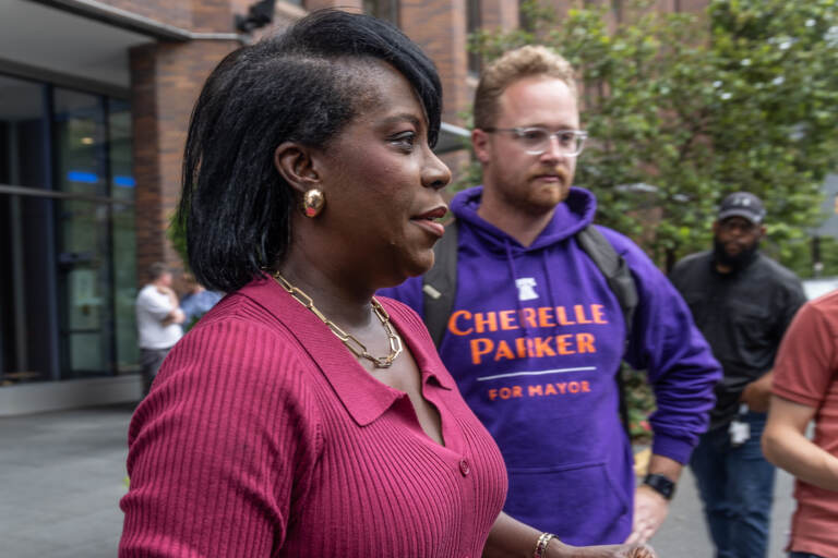 Cherelle Parker speaking to a group of reporters outside