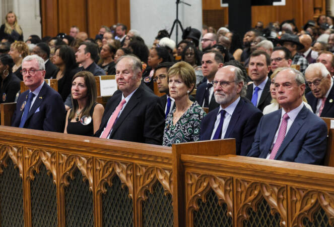 N.J. Gov. Phil Murphy (left) and First Lady of N.J. Tammy Murphy are joined by (l to r) former New Jersey governors Tom Kean, Christine Todd Whitman, Jon Corzine and Donald DiFrancesco during the funeral for former New Jersey Lt. Gov. Sheila Oliver at the Cathedral Basilica of the Sacred Heart on Saturday, August 12, 2023 in Newark, N.J. (Andrew Mills/NJ.com)