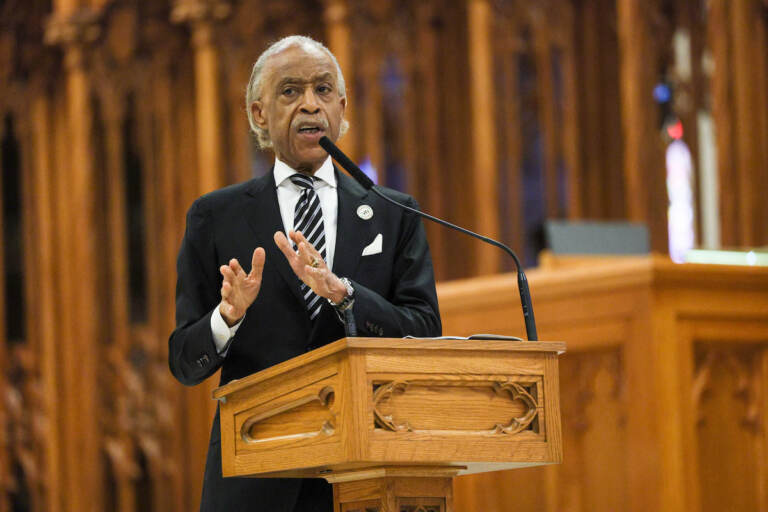 Rev. Al Sharpton delivers the eulogy at the funeral for former New Jersey Lt. Gov. Sheila Oliver at the Cathedral Basilica of the Sacred Heart on Saturday, August 12, 2023 in Newark, N.J. (Andrew Mills/NJ.com)