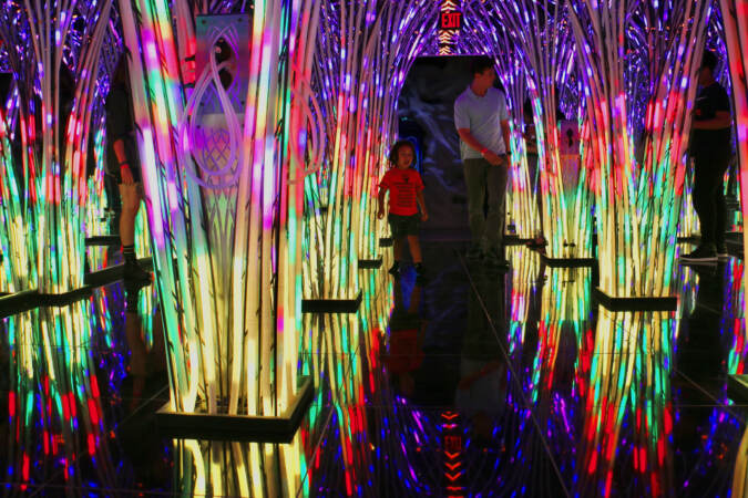 Lights and reflections create a dazzling space