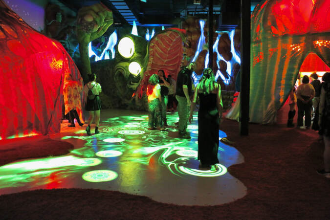 Visitors stand in a room with elaborate designs and patterns in red and green lights.
