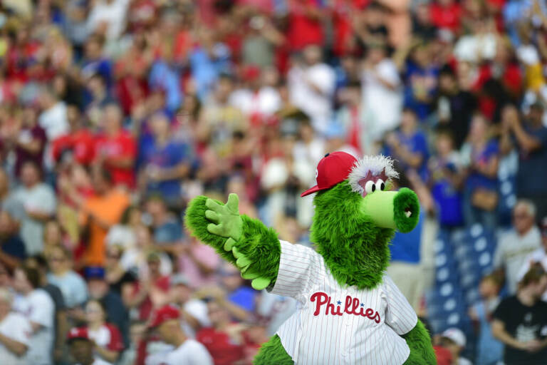 The Phillie Phanatic looks on during a baseball game against the New York Mets, Friday, Aug. 6, 2021, in Philadelphia. (AP Photo/Derik Hamilton)