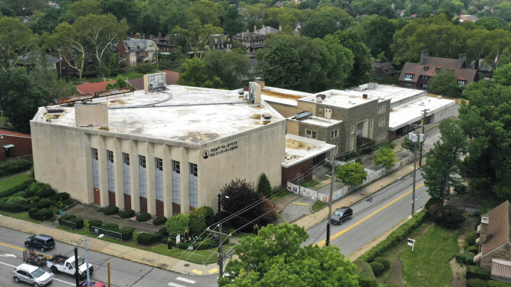 This photo taken with a drone shows the Tree of Life Synagogue in the Squirrel Hill neighborhood of Pittsburgh on Tuesday, Aug. 1, 2023