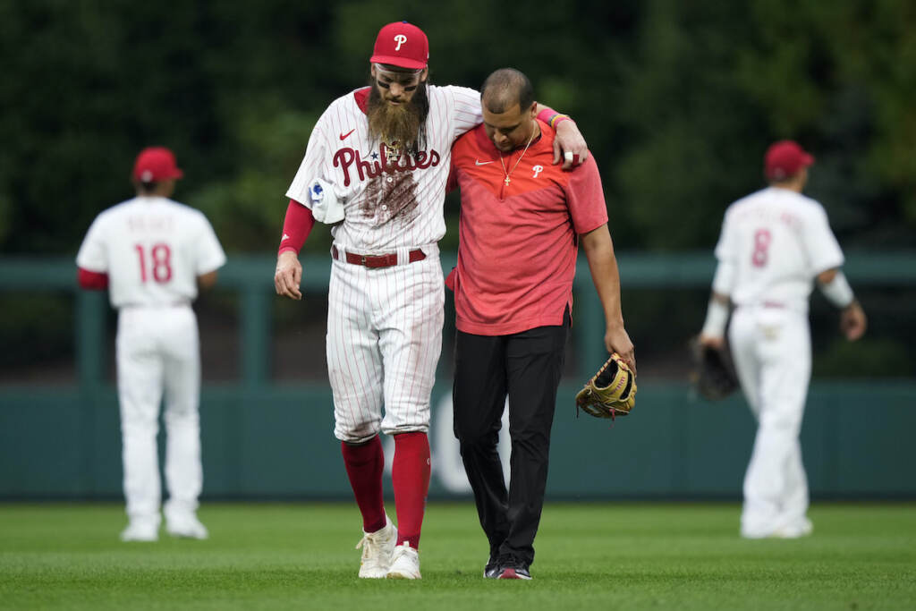 Royals Phillies Baseball Philadelphia Phillies' Brandon Marsh is helped off the field after an injury during the fifth inning of a baseball game against the Kansas City Royals, Saturday, Aug. 5, 2023, in Philadelphia