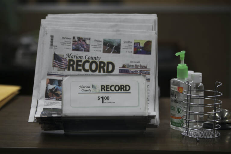 The last printed issue of the Marion County Record sits in a display in its office, Sunday, Aug. 13, 2023, in Marion, Kan.