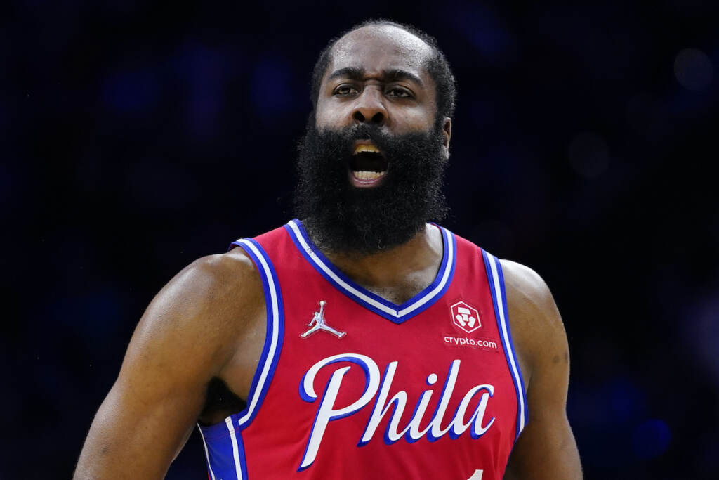 Unhappy Harden Basketball File photo: Philadelphia 76ers' James Harden reacts during Game 2 of an NBA basketball first-round playoff series, Monday, April 18, 2022, in Philadelphia