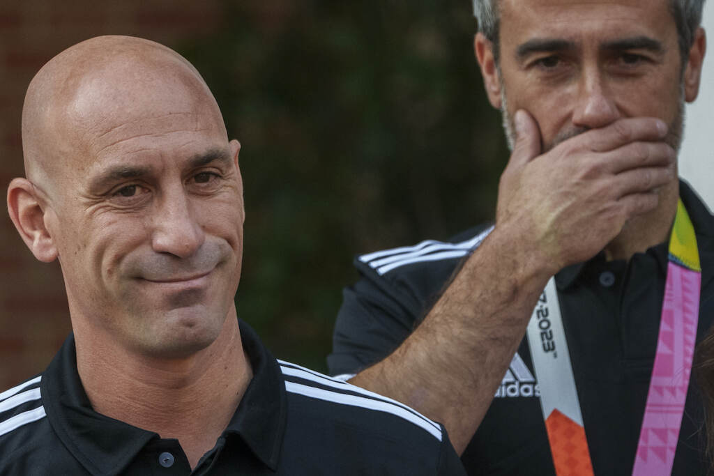WWCup Spain Soccer Celebrations President of Spain's soccer federation, Luis Rubiales (left) stands next to Spain Head Coach Jorge Vilda after their World Cup victory at La Moncloa Palace in Madrid, Spain, Tuesday, Aug. 22, 2023
