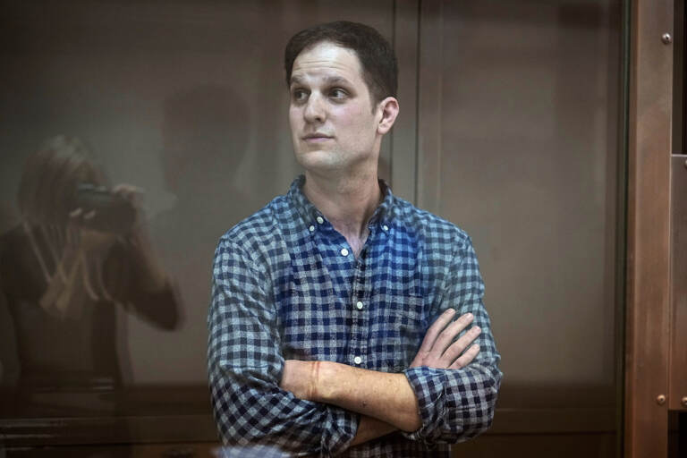 File photo: Wall Street Journal reporter Evan Gershkovich stands in a glass cage in a courtroom at the Moscow City Court, in Moscow, Russia, April 18, 2023.