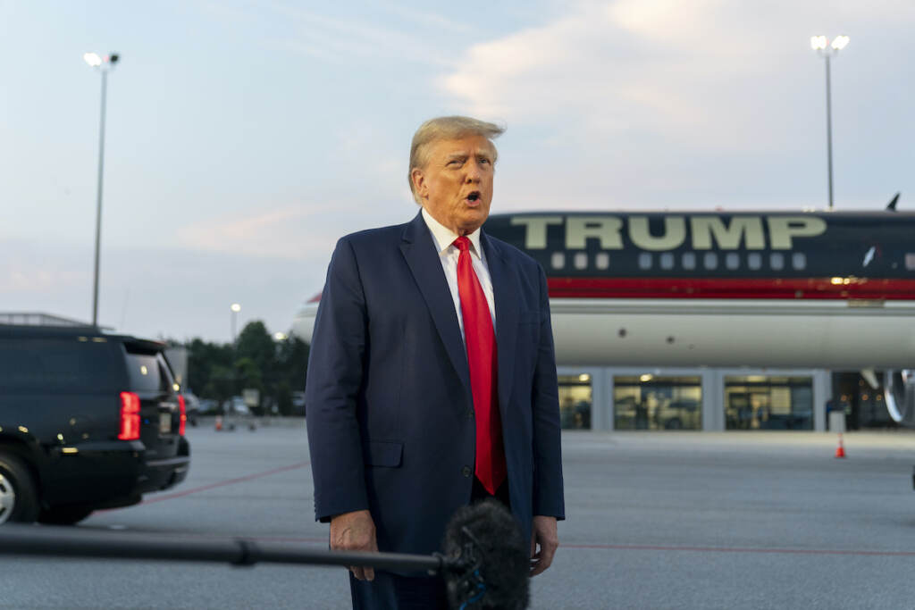 Donald Trump File photo: Former President Donald Trump speaks with reporters before departure from Hartsfield-Jackson Atlanta International Airport, Thursday, Aug. 24, 2023, in Atlanta.