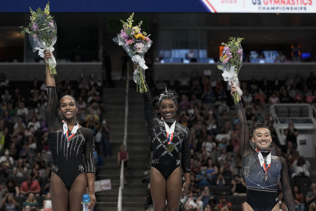 Shilese Jones, Simone Biles, Leanne Wong Shilese Jones (from left), Simone Biles and Leanne Wong pose for a photograph after placing second, first and third place, respectively, in all-around competition at the U.S. Gymnastics Championships, Sunday, Aug. 27, 2023, in San Jose, Calif.