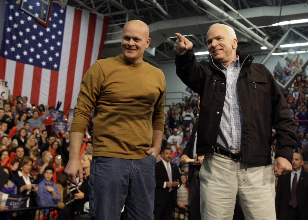 File photo: Then-Republican presidential candidate, U.S. Sen. John McCain, R-Ariz. (right) stands with Samuel Wurzelbacher, also known as ''Joe the Plumber'' at a rally at Mentor High School in Mentor, Ohio, Oct. 30, 2008