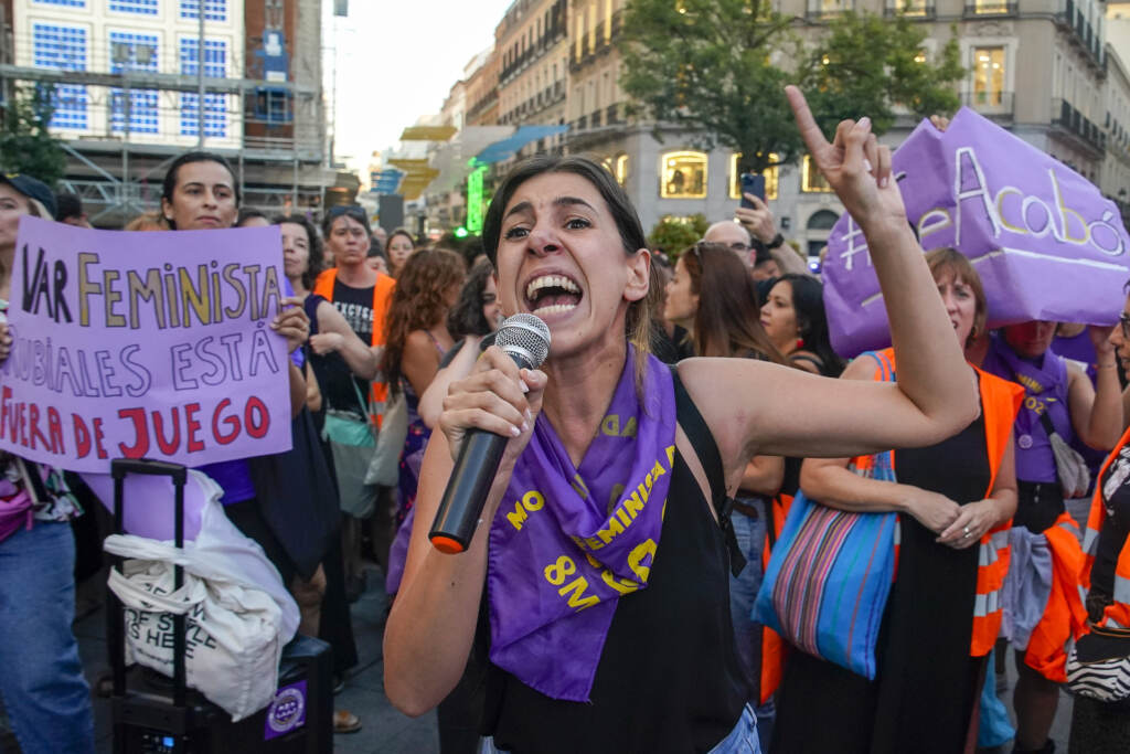 Spain Rubiales Sexism A demonstrator shouts slogans during a protest against the President of Spain's soccer federation Luis Rubiales and to support to support Spain's national women's soccer player
