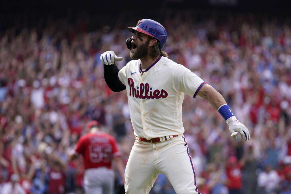 Angels Phillies Baseball Philadelphia Phillies' Bryce Harper reacts after hitting a two-run home run against Los Angeles Angels pitcher Matt Moore during the eighth inning of a baseball game, Wednesday, Aug. 30, 2023, in Philadelphia. (AP Photo/Matt Slocum)