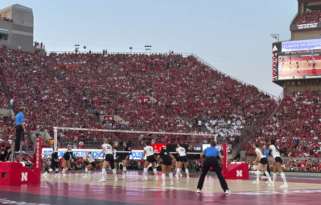 Volleyball Nebraska Celebration Nebraska and Omaha play a college volleyball match Wednesday, Aug. 30, 2023, at Memorial Stadium in Lincoln, Neb.