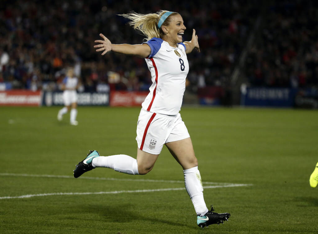 Julie Ertz File photo: United States defender Julie Ertz (8) celebrates after scoring a goal against New Zealand during the first half of an international friendly soccer match in Commerce City, Colo., Friday, Sept. 15, 2017.