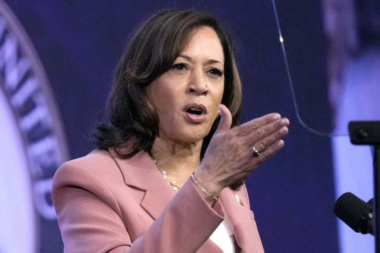 Kamala Harris speaking at a podium