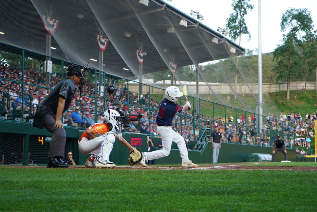 Nathaniel Saleski takes a swing at a Needville pitch in the Little League World Series