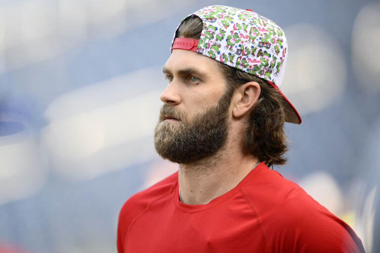Bryce Harper looks on before a baseball game against the Washington Nationals
