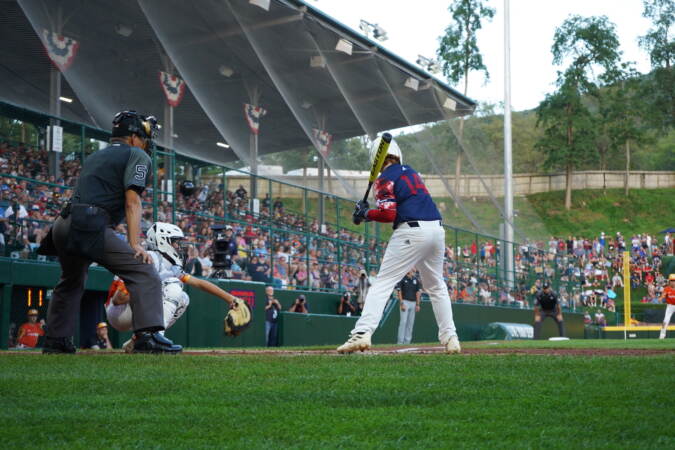 Trevor Skowronek decides not to take a swing at a Needville pitch during the Little League World Series.