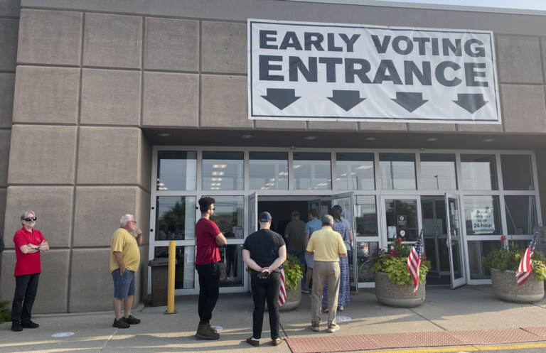 Ohio residents line up to vote early in-person on Issue 1 in front of the Franklin County Board of Elections in Columbus, Ohio, on Thursday. Samantha Hendrickson/AP