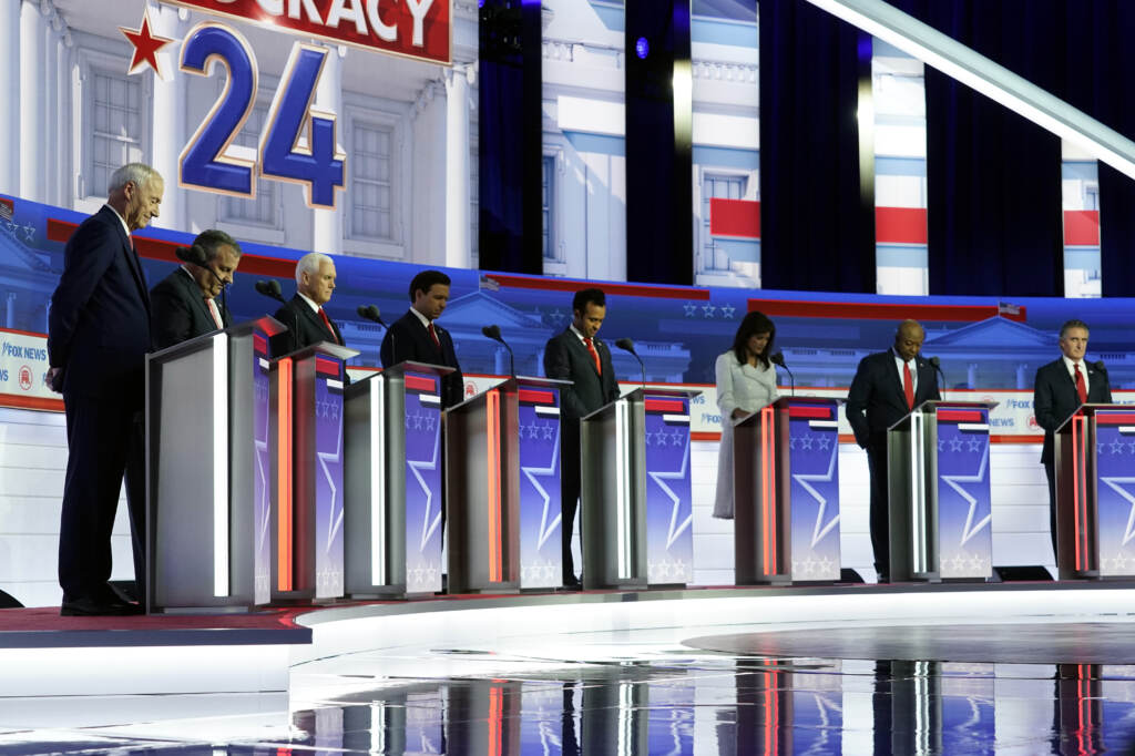From left, former Arkansas Gov. Asa Hutchinson, former New Jersey Gov. Chris Christie, former Vice President Mike Pence, Florida Gov. Ron DeSantis, businessman Vivek Ramaswamy, former U.N. Ambassador Nikki Haley, Sen. Tim Scott, R-S.C., and North Dakota Gov. Doug Burgum before a Republican presidential primary debate hosted by FOX News Channel Wednesday in Milwaukee. GOP primary debate stage candidates