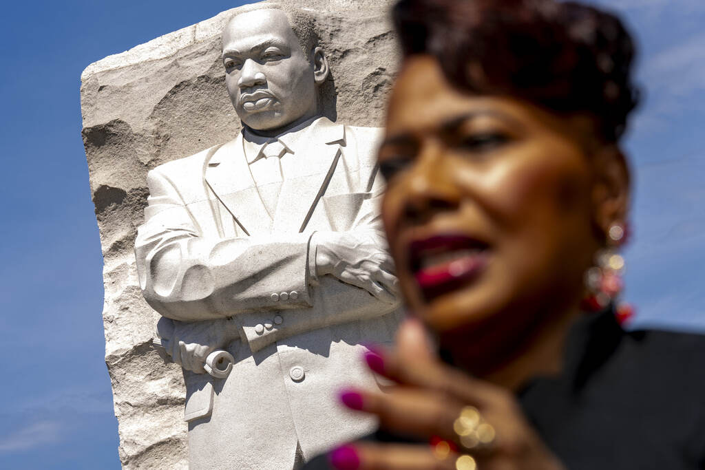 Bernice King A close-up of Bernice King. A memorial to her father, Martin Luther King Jr., is visible in the background.