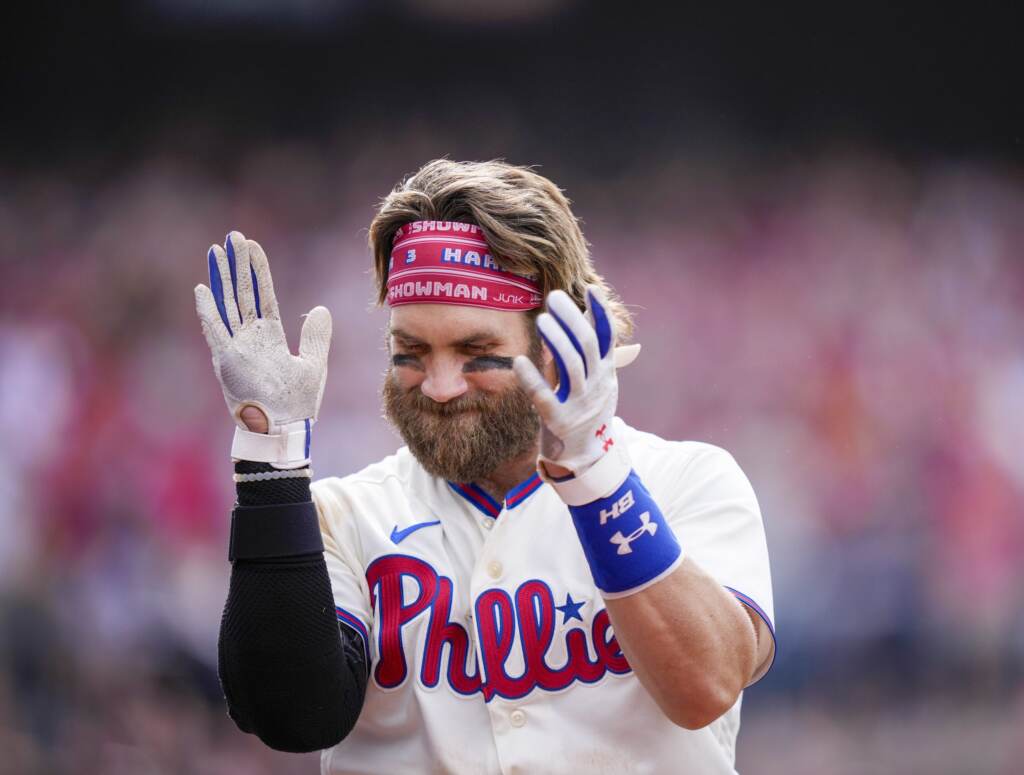 bryceharper-phillies-celebration-scaled Philadelphia Phillies' Bryce Harper reacts after hitting a home run during a baseball game against the Los Angeles Angels, Wednesday, Aug. 30, 2023, in Philadelphia. (AP Photo/Matt Slocum)