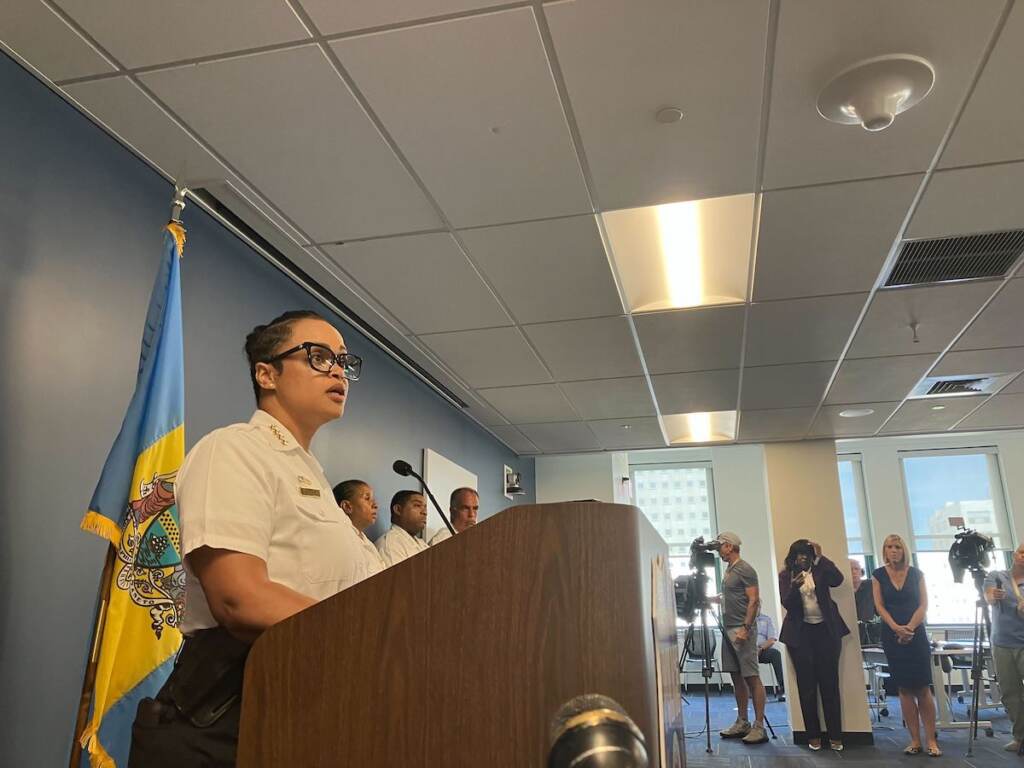 danielle-outlaw-press-conference-death-eddie-irizarry Police Commissioner Danielle Outlaw speaks at a podium.