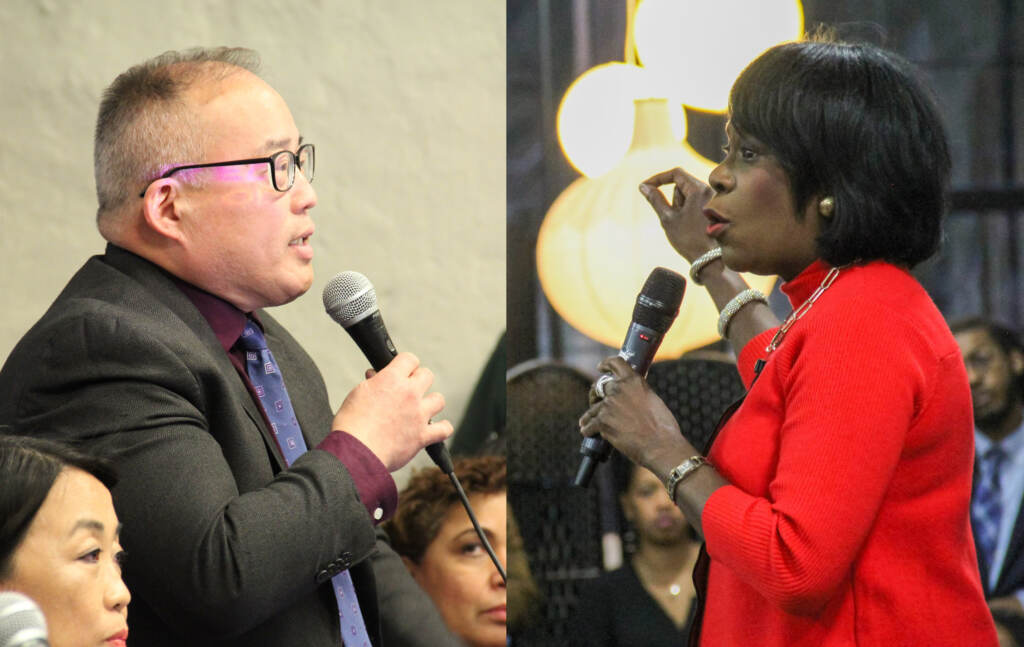 davidoh-cherelleparker-duo David Oh at a mayoral candidates forum in March; Cherelle Parker at a mayoral candidates forum in January