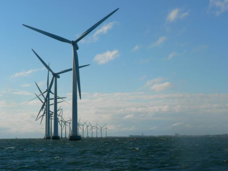 Offshore wind mills are seen in Denmark