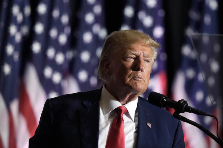 Former President Donald Trump speaks during a rally,