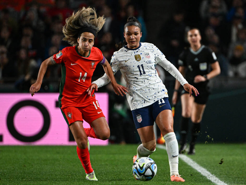 USA forward Sophia Smith (R) fights for the ball with Portugal midfielder Dolores Silva during the 2023 Women’s World Cup match in Auckland, New Zealand on August 1, 2023. USA forward Sophia Smith (R) fights for the ball with Portugal midfielder Dolores Silva during the 2023 Women's World Cup match in Auckland, New Zealand on August 1, 2023.