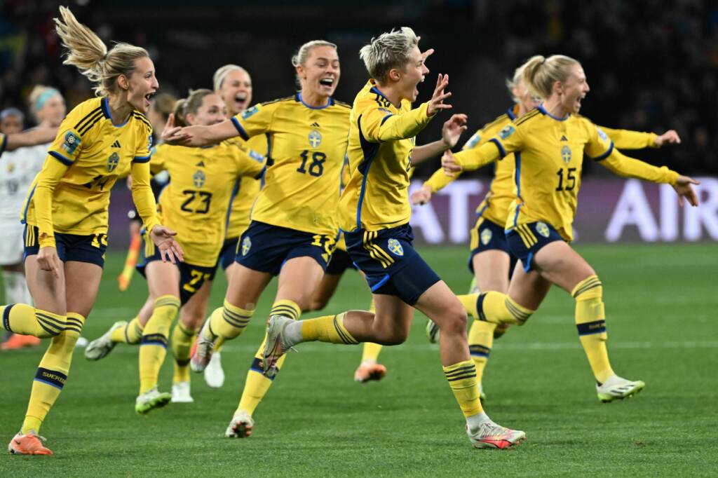 Sweden’s forward #08 Lina Hurtig (C) and teammates celebrate their win following a penalty kick shootout over two-time defending champion U.S. at the Women’s World Cup. It was the U.S.’s earliest exit from the tournament. Sweden's forward #08 Lina Hurtig (C) and teammates celebrate their win following a penalty kick shootout over two-time defending champion U.S. at the Women's World Cup. It was the U.S.'s earliest exit from the tournament.