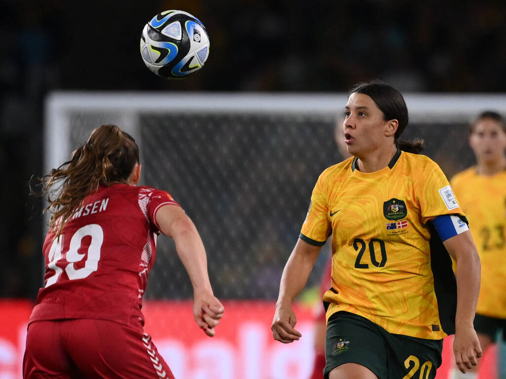 Sam Kerr (right) has rejoined an Australia squad that has played very well without her, their captain and star striker. France will be a formidable opponent for the Aussie squad. Franck Fife/AFP via Getty Images