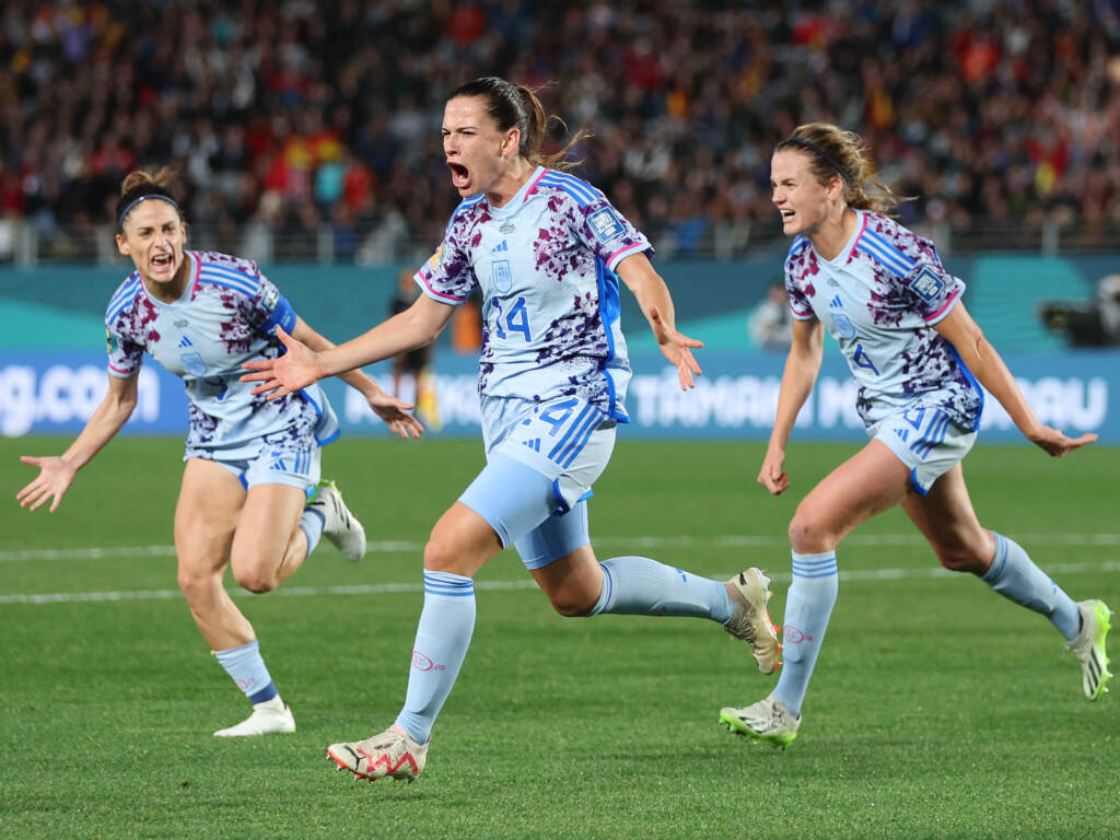 Spain’s Laia Codina (center) celebrates with teammates Esther Gonzalez (left) and Irene Paredes (right) after scoring her team’s fourth goal on Switzerland during the round of 16. Spain's Laia Codina (center) celebrates with teammates Esther Gonzalez (left) and Irene Paredes (right) after scoring her team's fourth goal on Switzerland during the round of 16. (Buda Mendes/Getty Images)