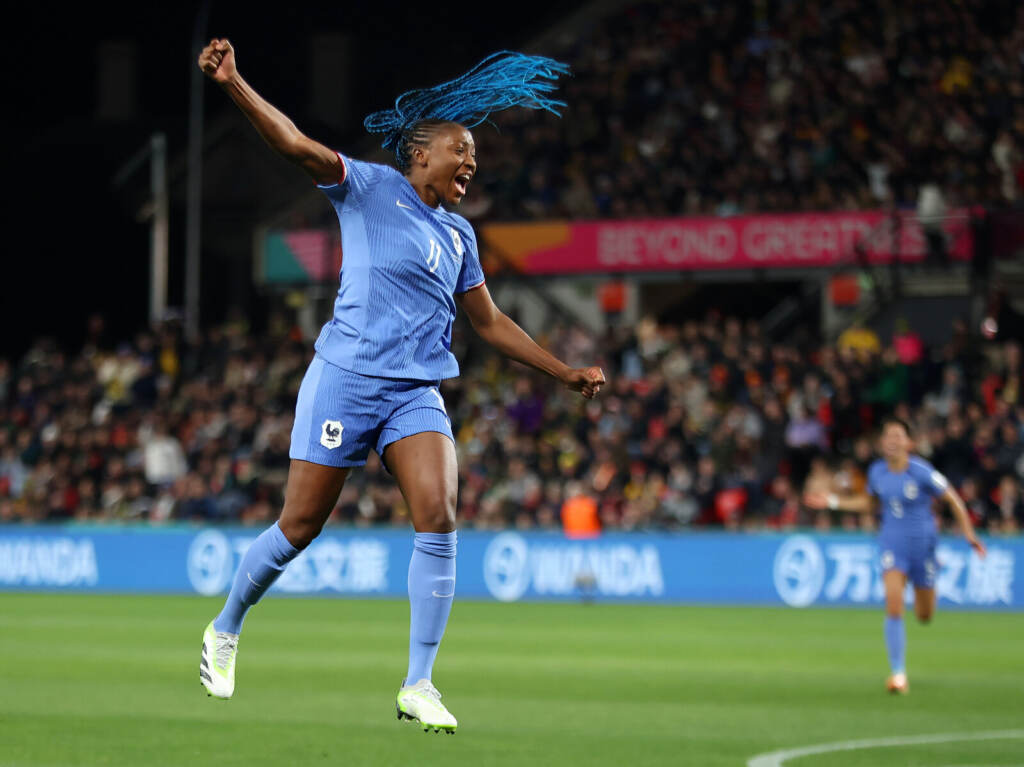 Kadidiatou Diani of France celebrates after scoring on Morocco in the round of 16. Les Bleues now take on host Australia. Cameron Spencer/Getty Images