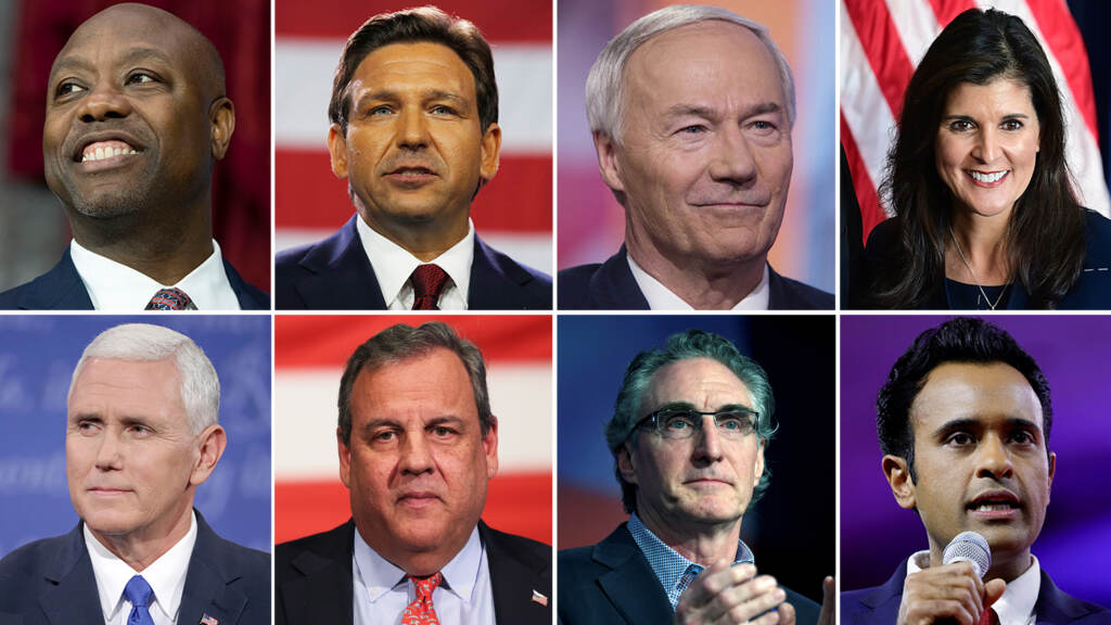 Clockwise: Tim Scott, Ron DeSantis, Asa Hutchinson, Nikki Haley, Vivek Ramaswamy, Doug Burgum, Chris Christie, Mike Pence Clockwise: Tim Scott, Ron DeSantis, Asa Hutchinson, Nikki Haley, Vivek Ramaswamy, Doug Burgum, Chris Christie, and Mike Pence. (Jacquelyn Martin/AP; Octavio Jones/Getty Images; Victor J. Blue/Bloomberg; Mark Makela/Getty Images; Anna Moneymaker/Getty Images; Dan Keock/Reuters; Michael M. Santiago/Getty Images; Chip Somodevilla/Getty Images)