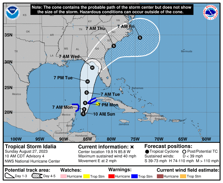 A graphic from the National Hurricane Center shows a projected path of Tropical Storm Idalia. A graphic from the National Hurricane Center shows a projected path of Tropical Storm Idalia