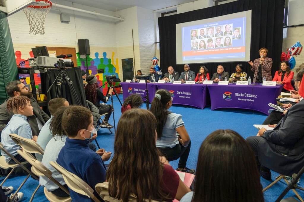 mayoralforum-gloriacasarezschool-scaled Philadelphia mayoral primary candidates at a March 2023 forum focusing on Latino issues at Gloria Casarez Elementary School