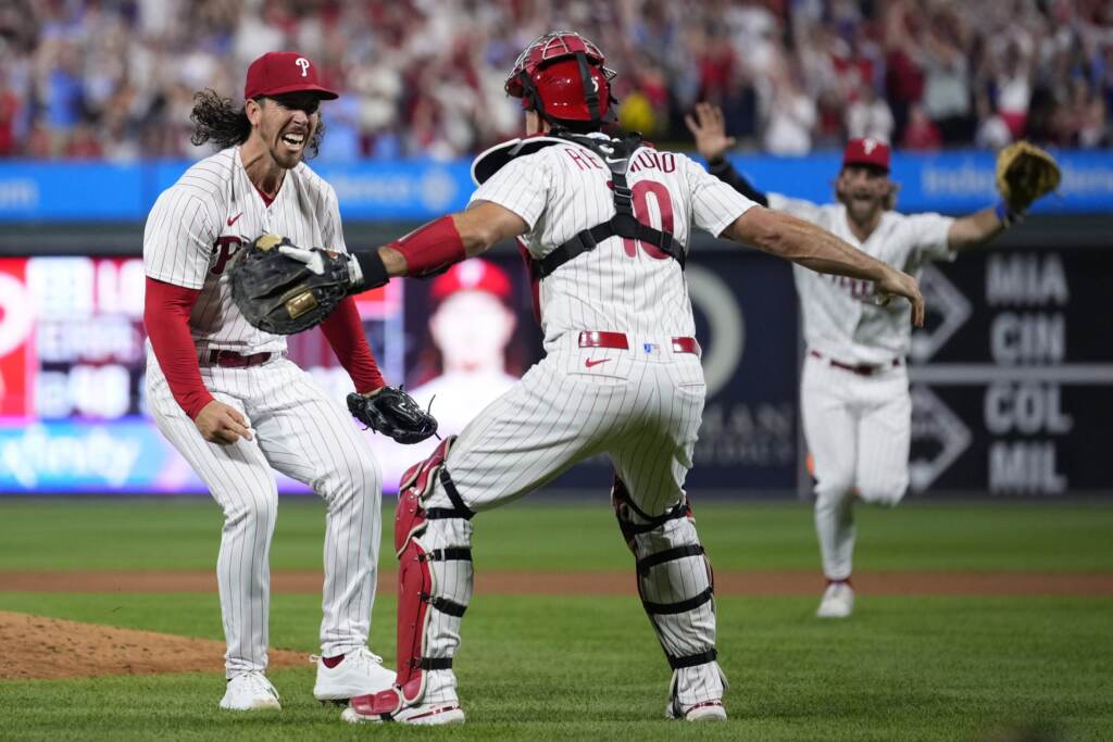 michaellorenzen-phillies-nohitter-scaled Philadelphia Phillies pitcher Michael Lorenzen, left, and J.T. Realmuto celebrate after Lorenzen's no-hitter during a baseball game against the Washington Nationals, Wednesday, Aug. 9, 2023, in Philadelphia