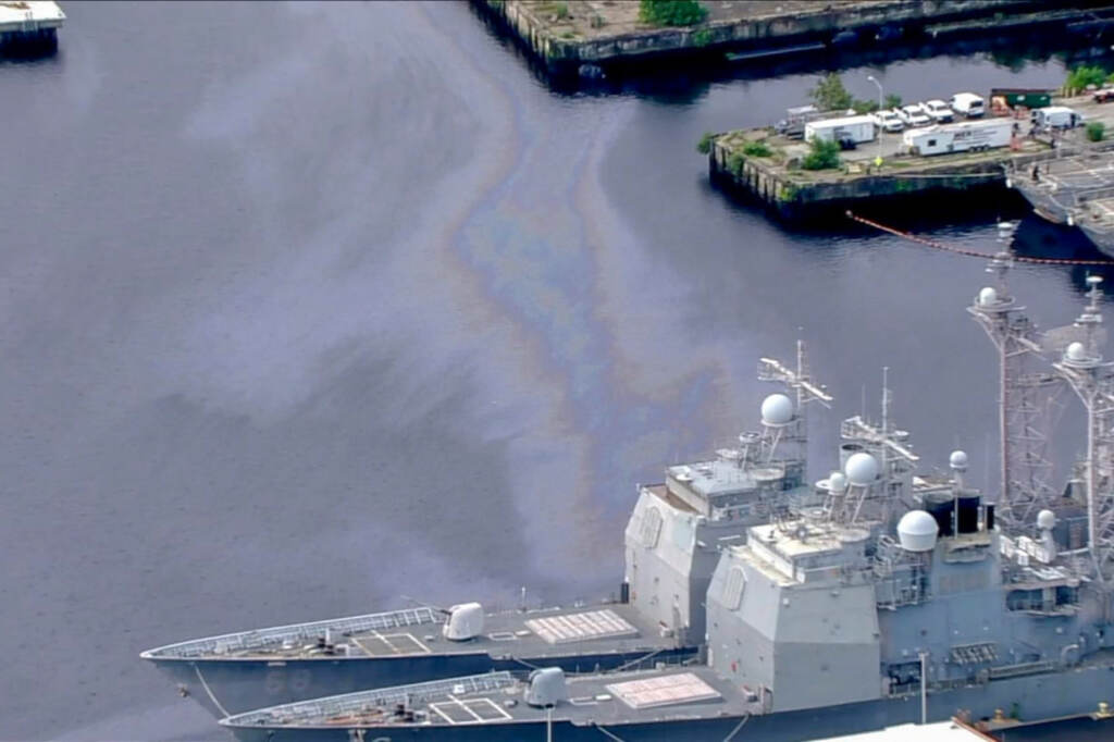 An aerial view of something floating on top of the water at the Philadelphia Navy Yard.