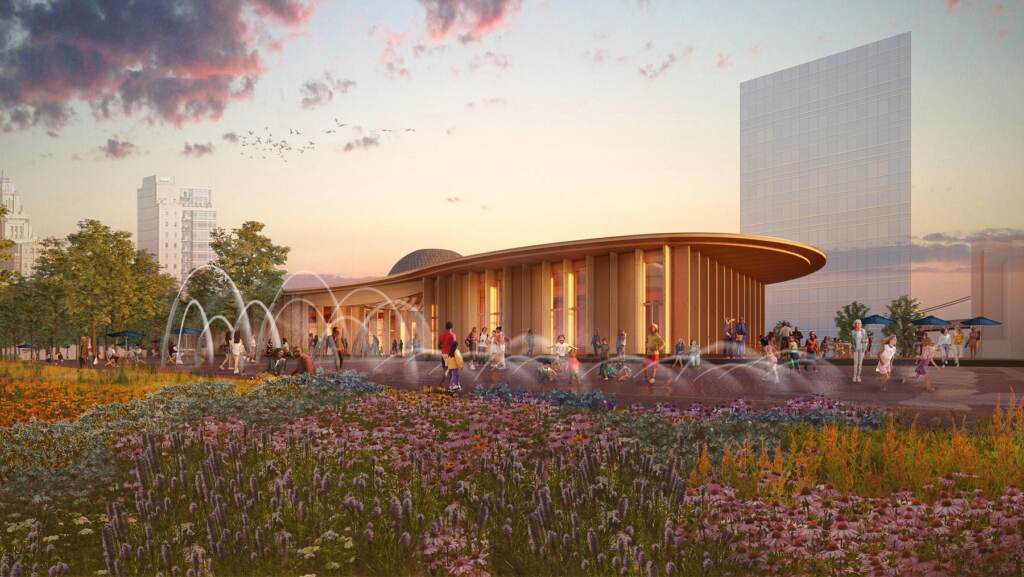 parkatpennslanding-i95cappark-07 South view of the Park at Penn's Landing at dusk, showing the mass timber building at its center. The building is slated to be Philly's first net-zero carbon building. (Hargreaves Jones and Kieran Timberlake via Delaware River Waterfront Corporation)