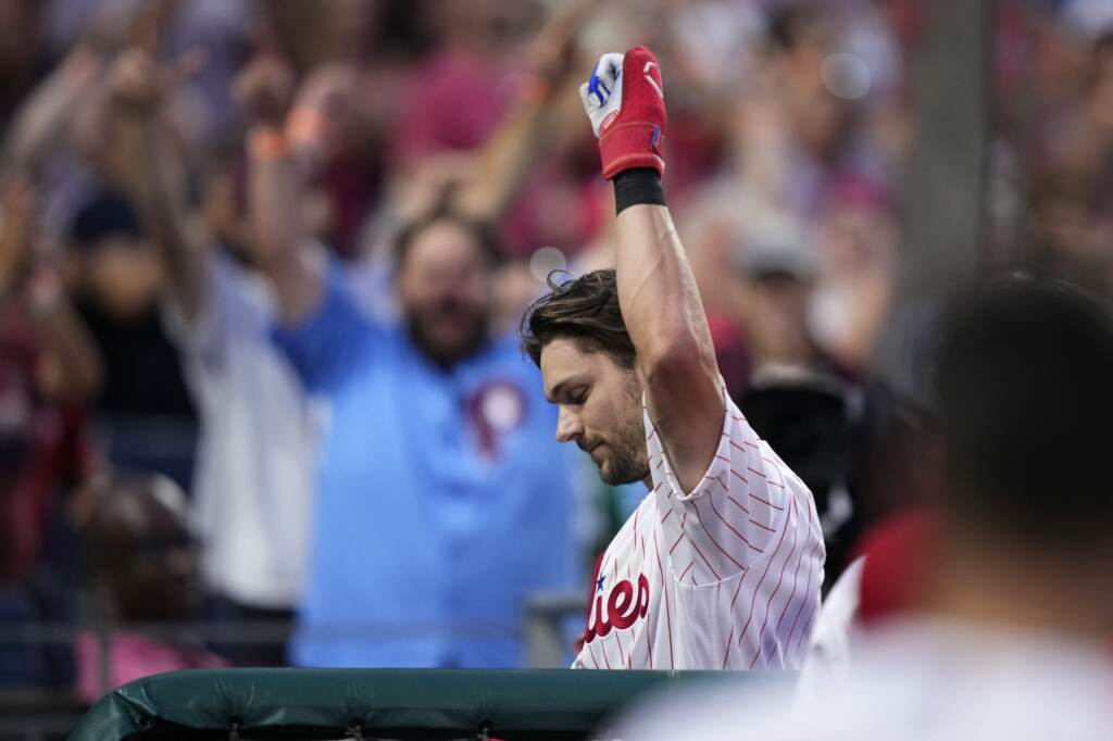 treaturner-phillies-scaled Philadelphia Phillies' Trea Turner acknowledges the crowd after hitting a three-run home run during the sixth inning of a baseball game against the Kansas City Royals, Saturday, Aug. 5, 2023, in Philadelphia.