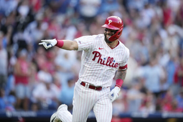 Philadelphia Phillies' Weston Wilson reacts after hitting a home run against Washington Nationals pitcher MacKenzie Gore