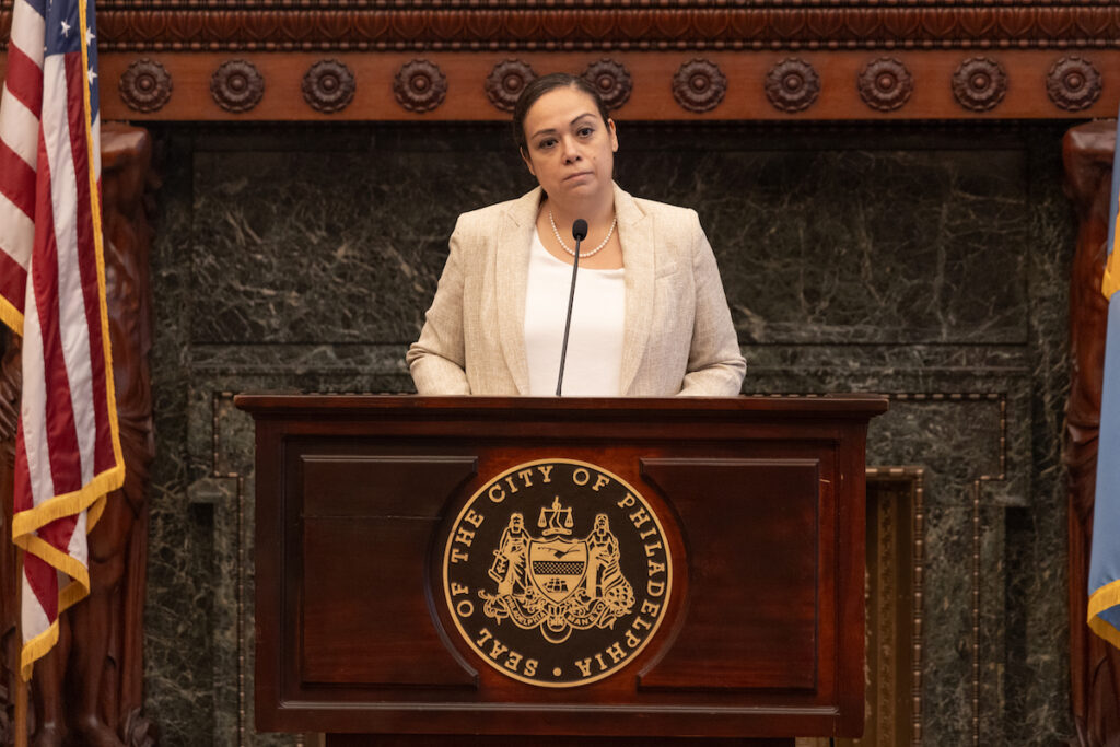 09 13 2023 k paynter solicitor diana cortes crawford v. commonwealth presser_ Philadelphia City Solicitor Diana Cortes speaks at a podium.