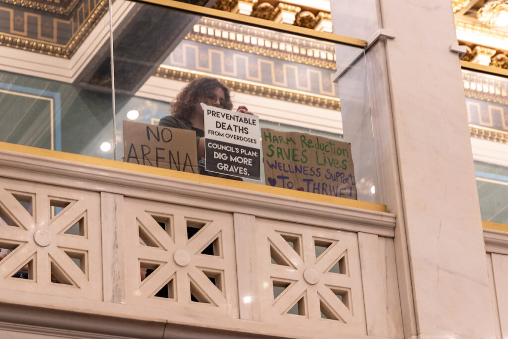 09 14 2023 k paynter supervised injection site ban bill-8 Protesters of a bill that would ban supervised injection sites displayed signs in the gallery of Philadelphia council chambers on Sept. 14, 2023. (Kimberly Paynter/WHYY)